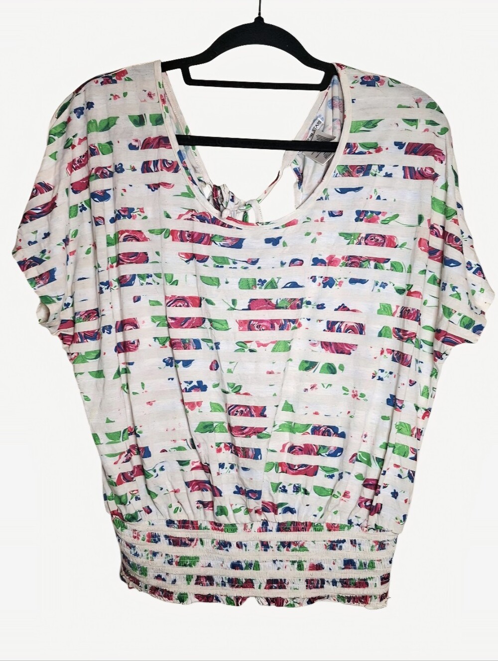 Avenue of the Stars Cap Sleeve Elastic Smock Waist Y2K Floral Linen Shirt 1X